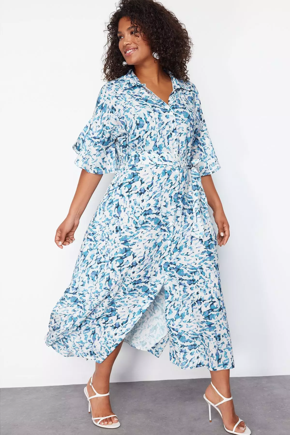 White-Blue Shally Woven Plus Size Dress