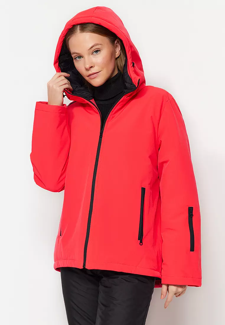 Red puffer jacket with hood womens best sale