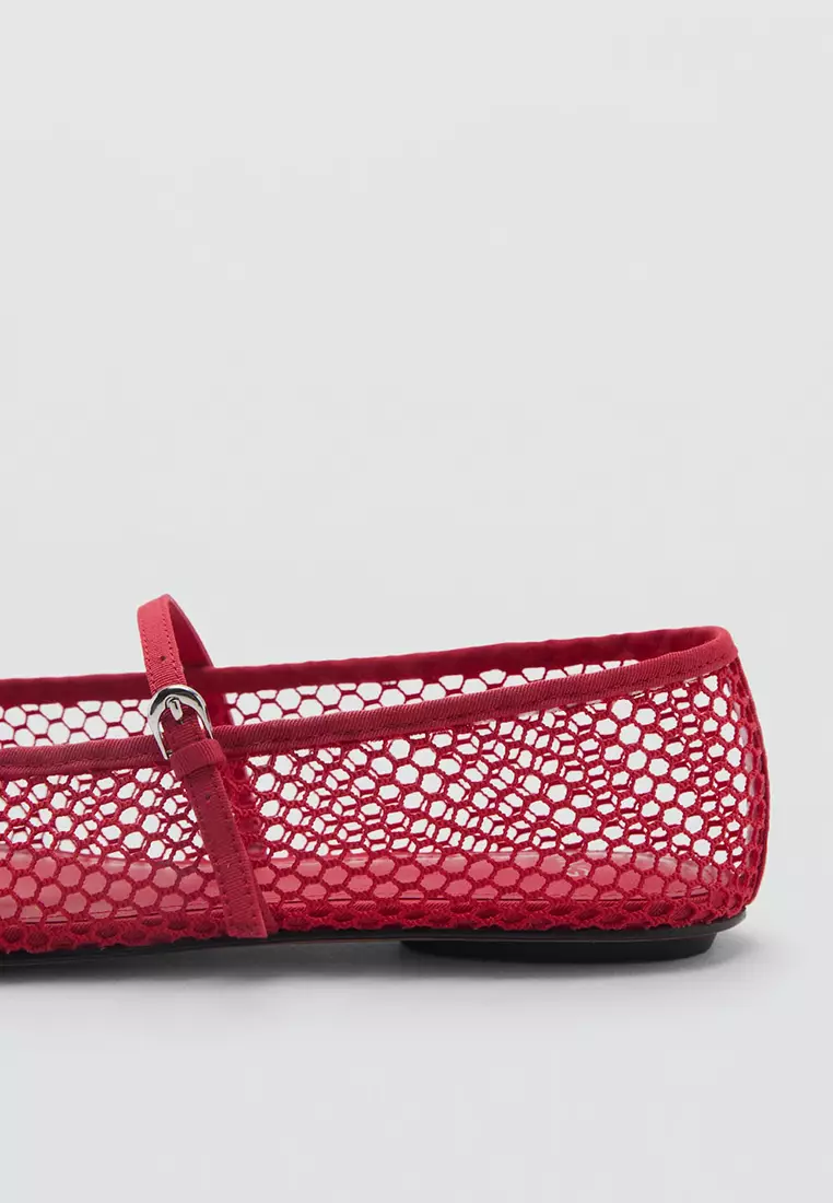 Mesh Ballet Flats with Strap and Buckle