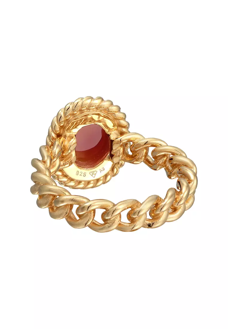 Cincin Perhiasan Perak 925 Wanita Solitaire Classic Chain Look Carnelian Gold Plated