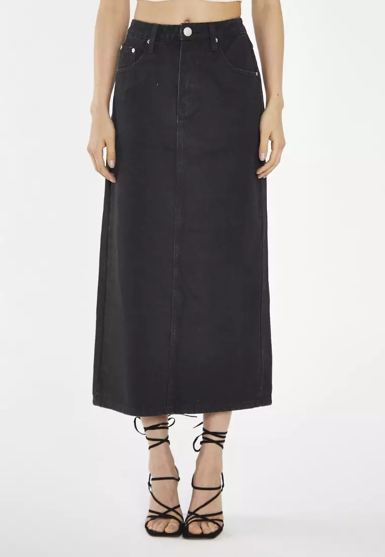 Washed Black Straight Fit Maxi Skirt