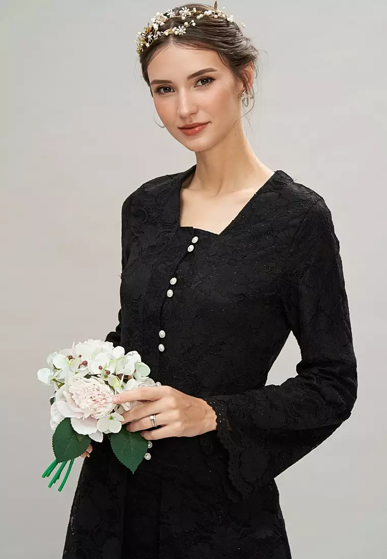 Black Lace Puff Sleeve Modern Kebaya and Maxi Lace Skirt Malay Wedding