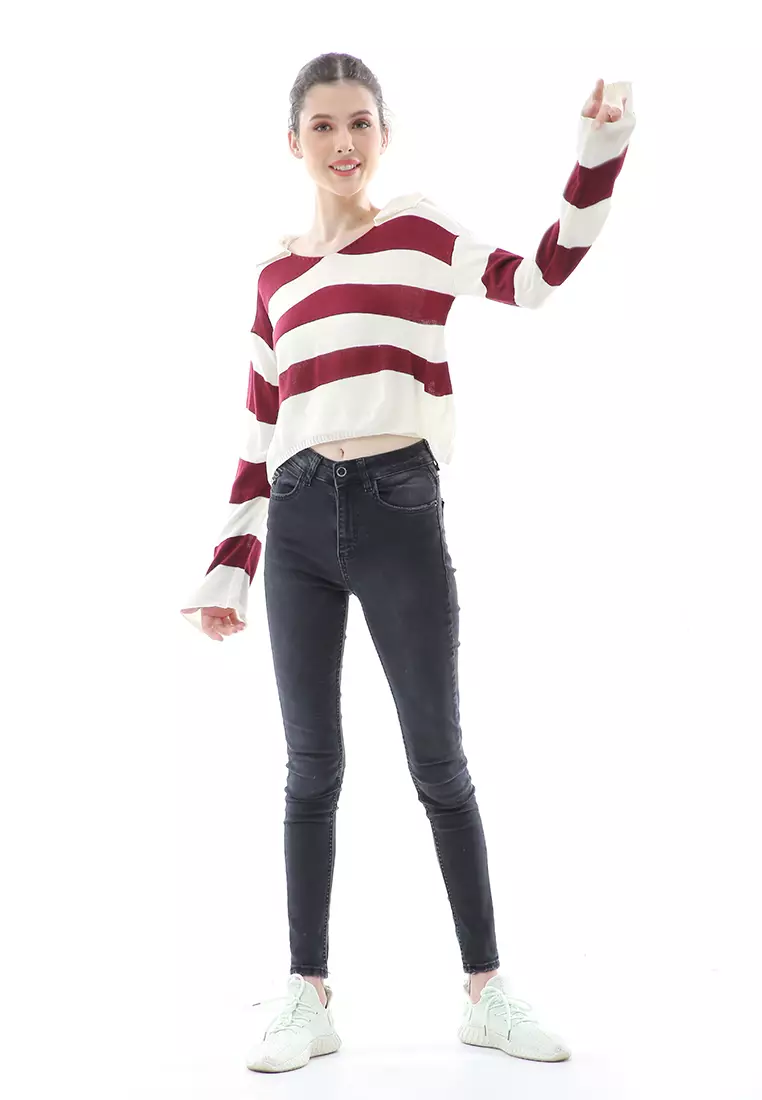 Vilia Rajut Crop Atasan Wanita Oversize Motif Stripe Garis Relaxed Fit - Maroon