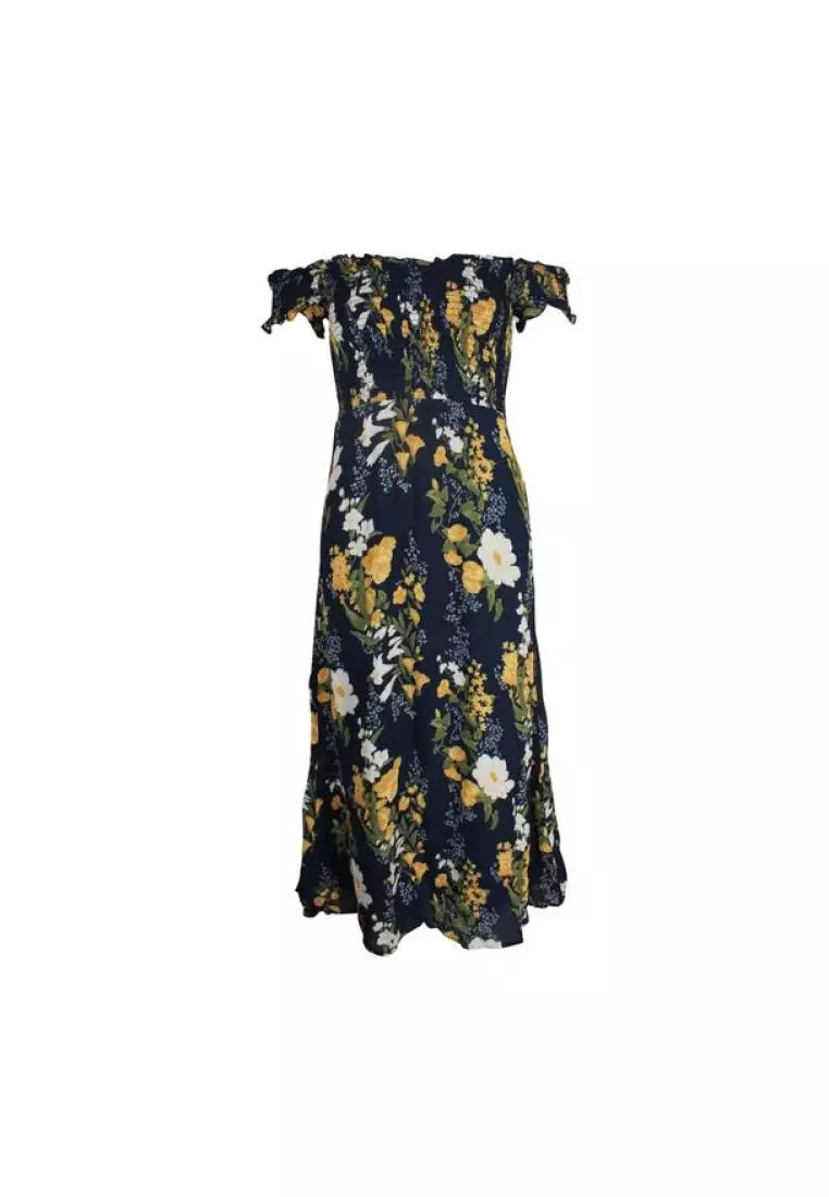 Off the shoulder retro flower print black sheath dress sales