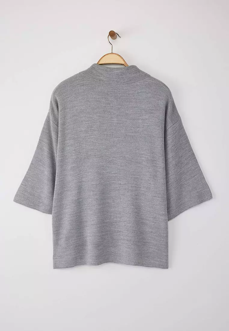 Gray Polo Collar Zipper Detailed Knitwear Sweater Tbbaw23An00056