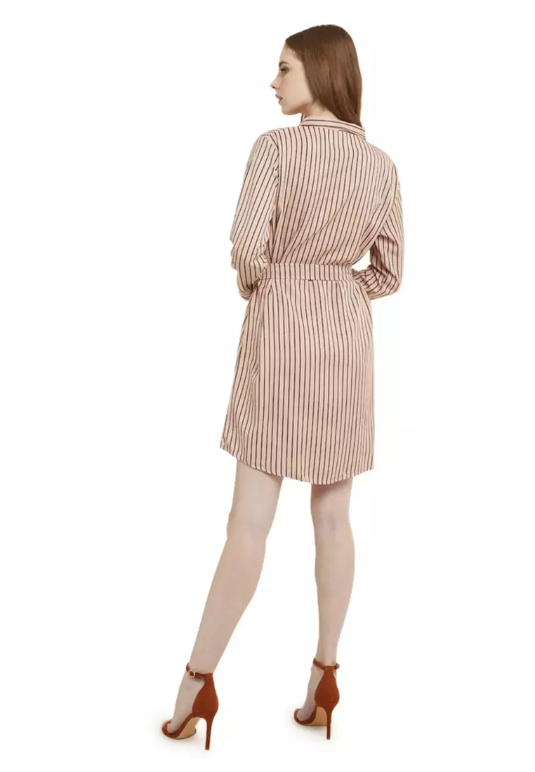 Tunik Salur Self Tie Belt Baju Wanita Lengan Panjang Garis Regular Fit - Mocca
