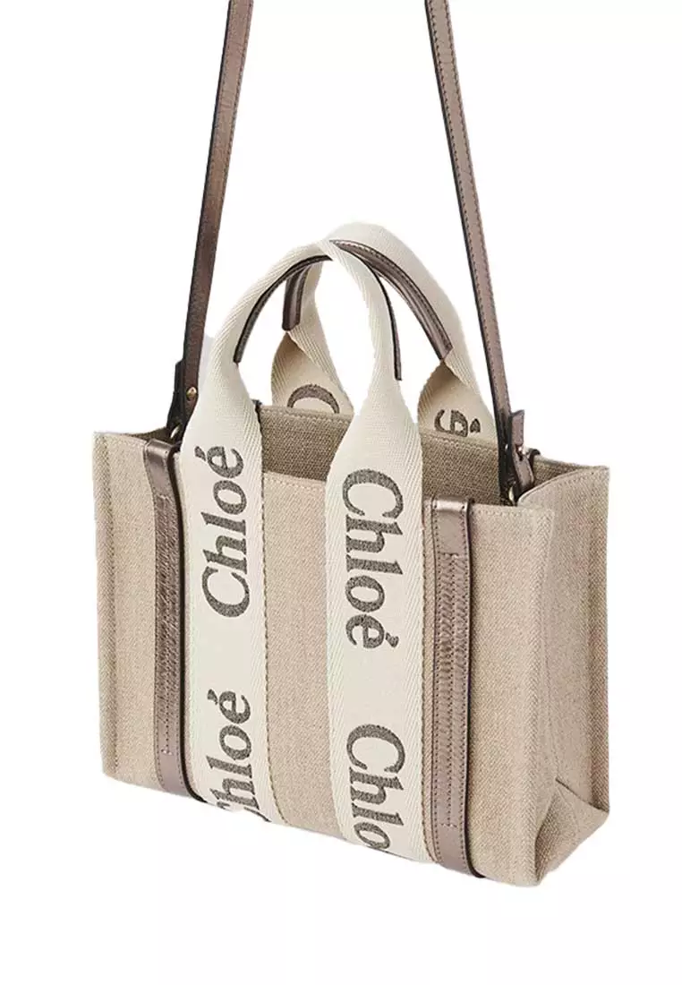 Small Woody Tote Bag In Linen And Leather Shiny Gray CHC25SS397O81074