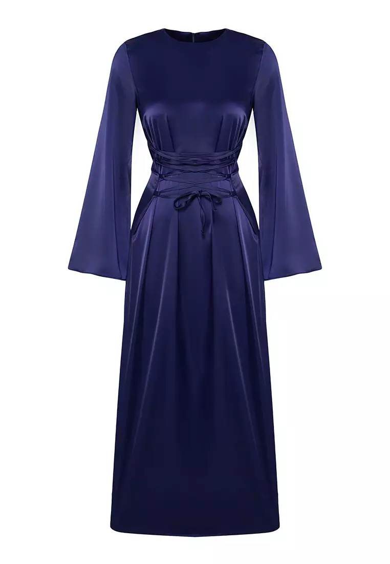Navy Blue Brit Detailed Woven Satin Evening Dress TCTSS25DB00001