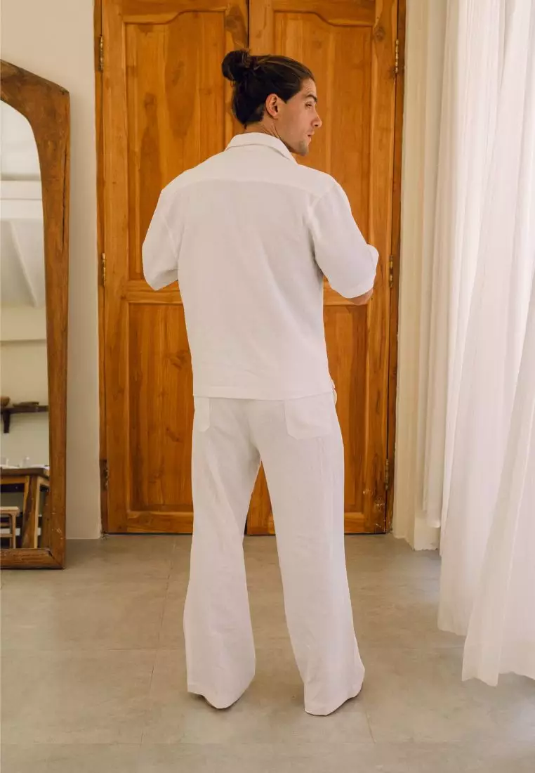 White Boxy Set Kemeja Celana Linen Pria Putih | Linen Set Men White