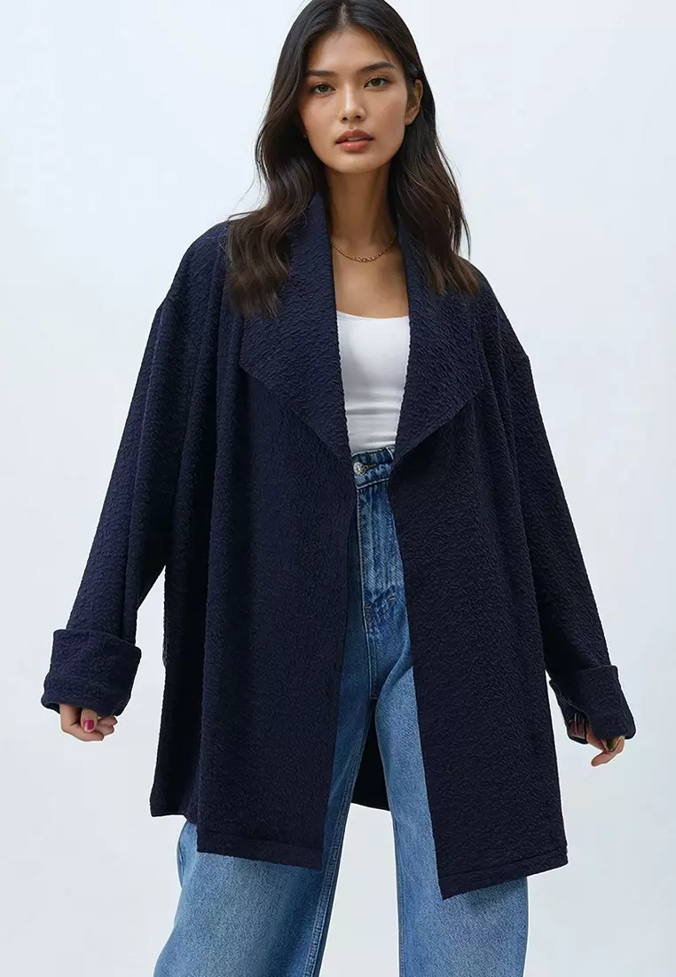 Women's Navy Blue Shawl Collar Self-Textured Belted Long Jacket Alc-X14481