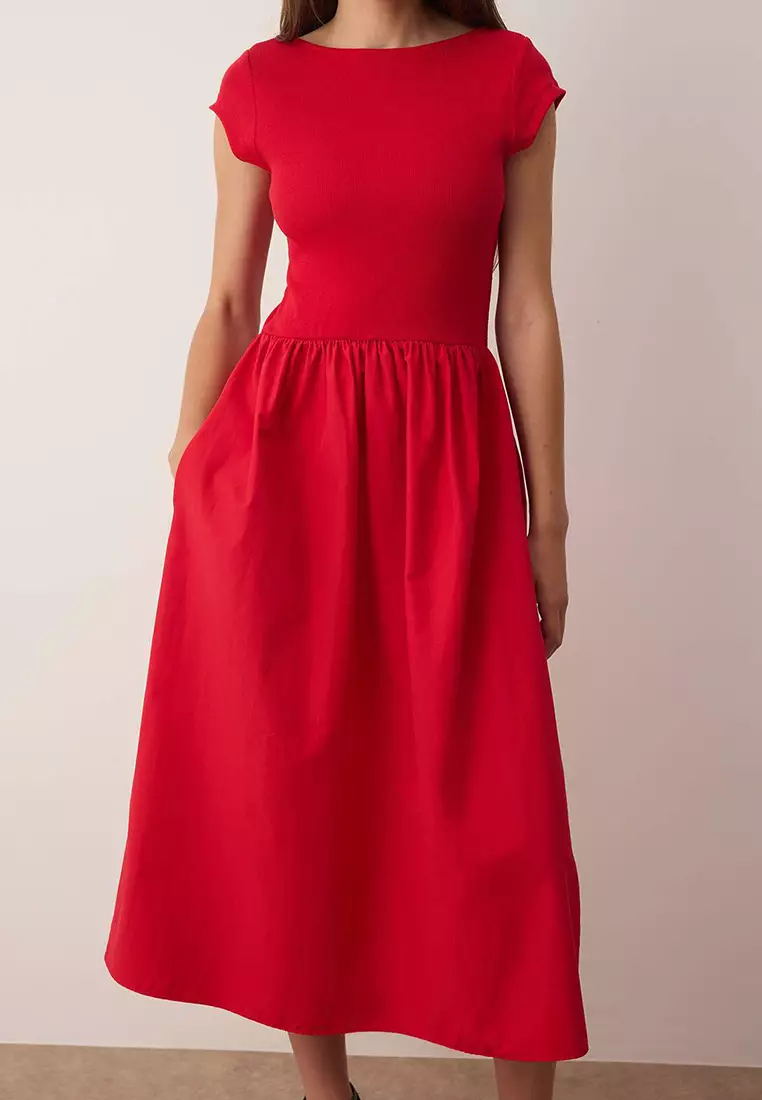 Red Terrycotton Contrast Woven Dress With Flexible Ribbed Top And Wide Bottom