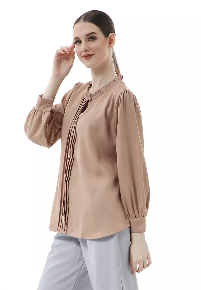 Vionka Kemeja Atasan Wanita Opnaisel Motif Polos - Capuccino