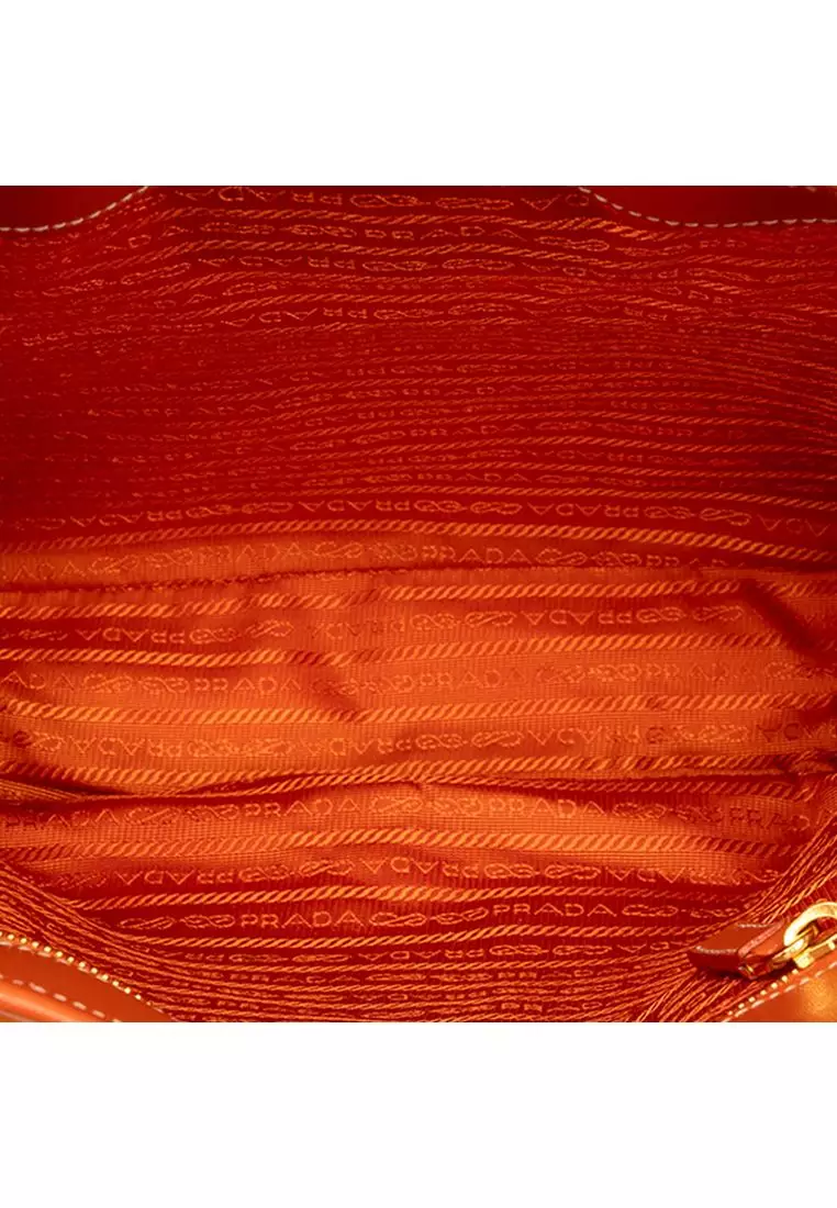 Pre-Loved Prada Saffiano Trimmed Tessuto Logo Oro Satchel