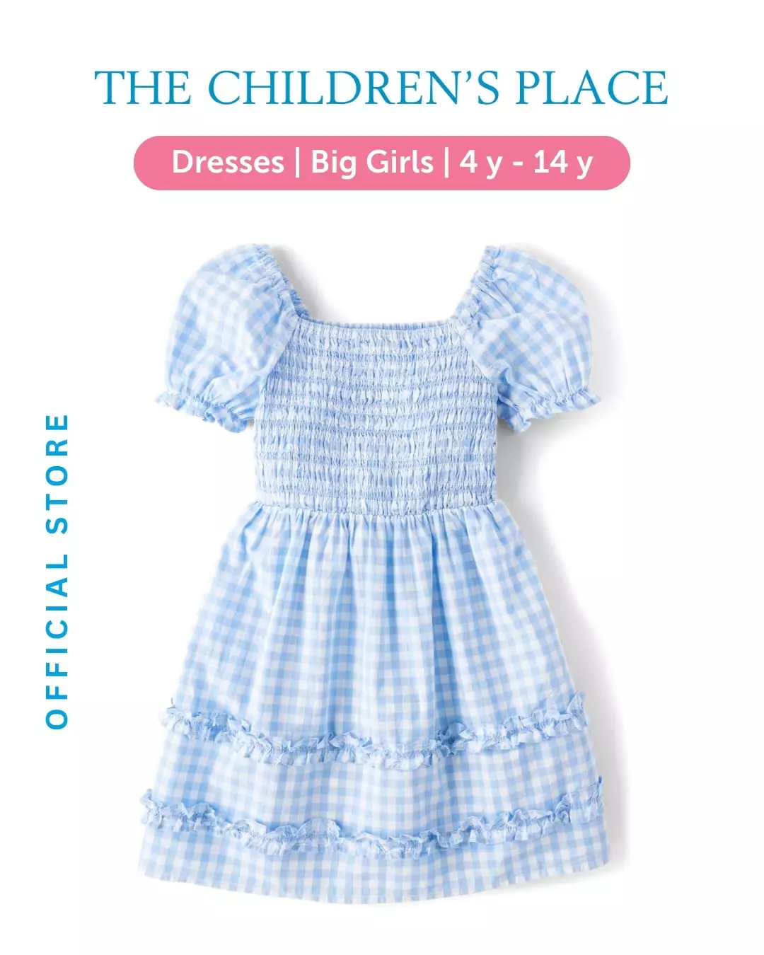 Girls Gingham Poplin Smocked Ruffle Dress - Baju Anak Perempuan (Biru)