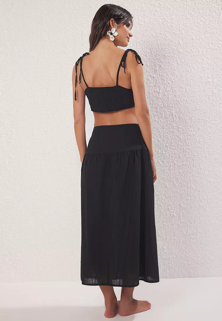 Black Woven Flared Cotton Beach Blouse Skirt Suit Tbess25Au00073