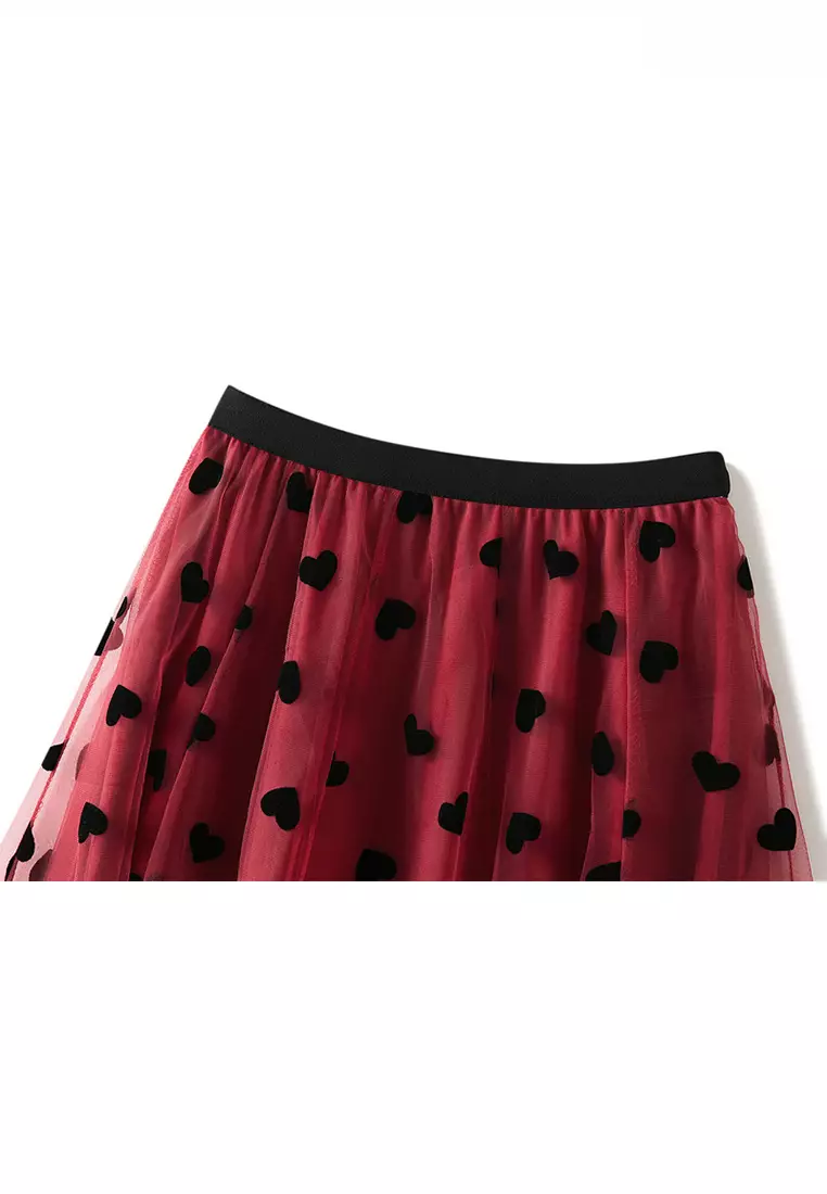 French Vintage Flocking Heart Mesh Maxi Skirt AF1200