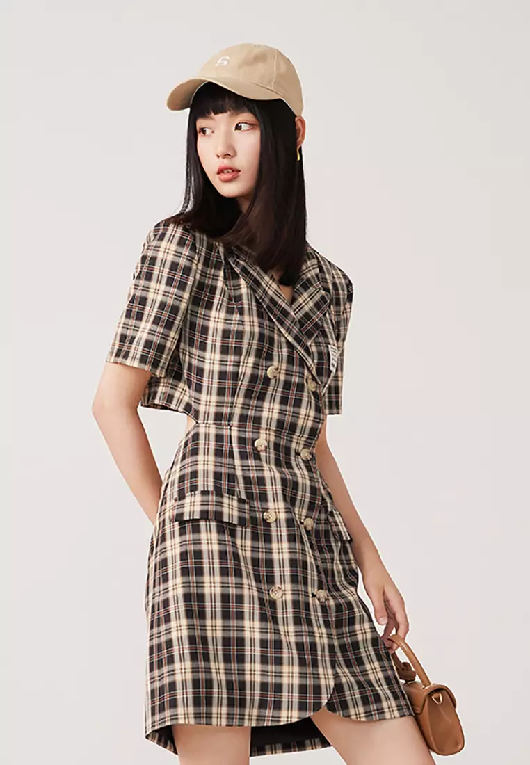 Vintage Plaid Double Breasted Smart Casual Midi Dress