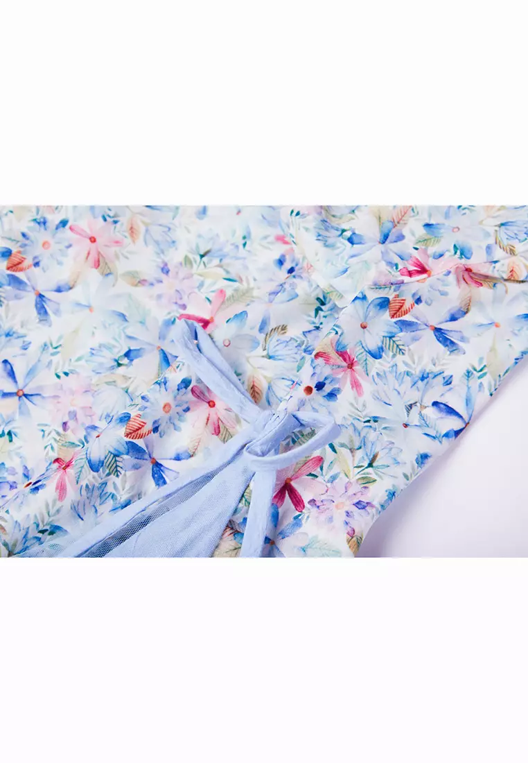 女童藍色粉色碎花雙蝴蝶結短漢服唐裝紗裙公主裙新年拜年衣服