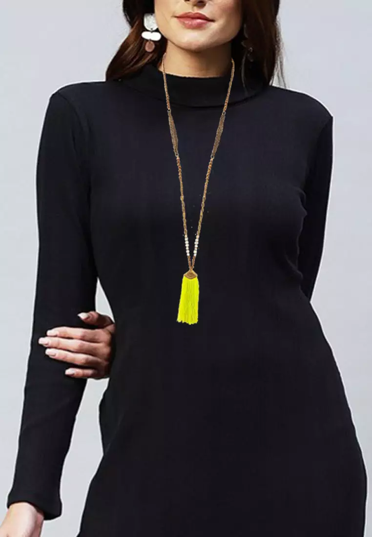 Aksesoris Kalung Wanita Tassels & Beads  Long Necklace Kalung Wanita Panjang Gold, White & Neon Yellow