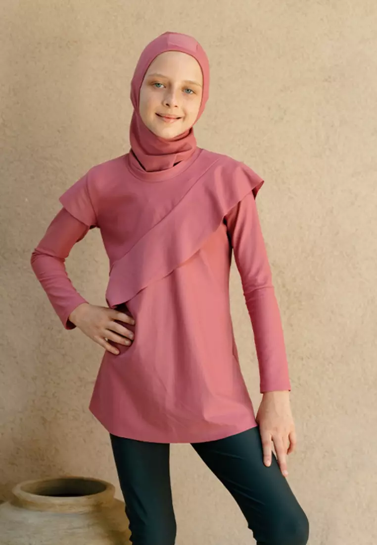 Aleea Modest Ruffle Burqini Set Kids - Mauve Wood