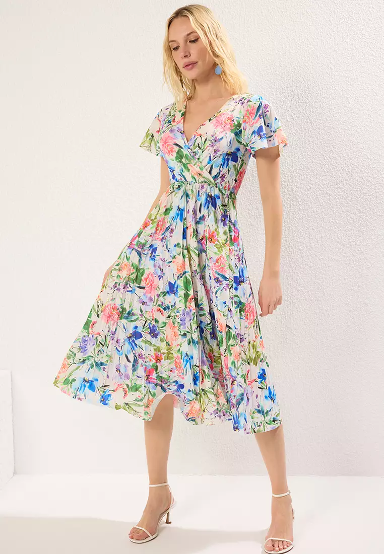 Blue Floral Skater Floral Pattern Double Breasted Handkerchief Sleeve Ribbed Flexible