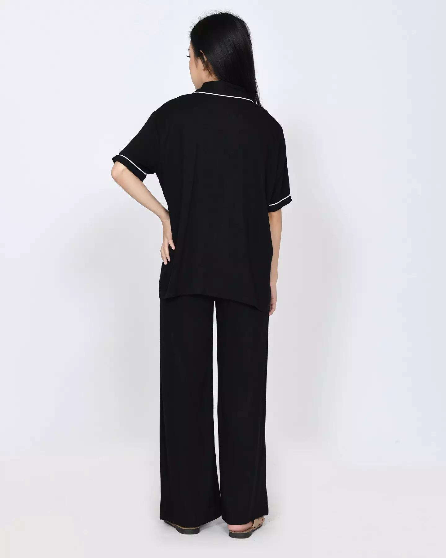 S/S COUPLE PIYAMA COTTON TENCEL Setelan Baju Tidur Pria Wanita BLACK