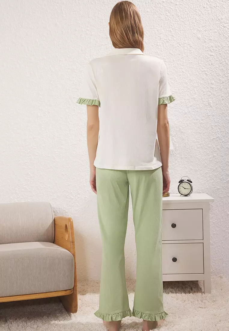 Ecru-Green 100% Cotton Ruffle Detailed Knitted Pajama Set THMSS24PT00223