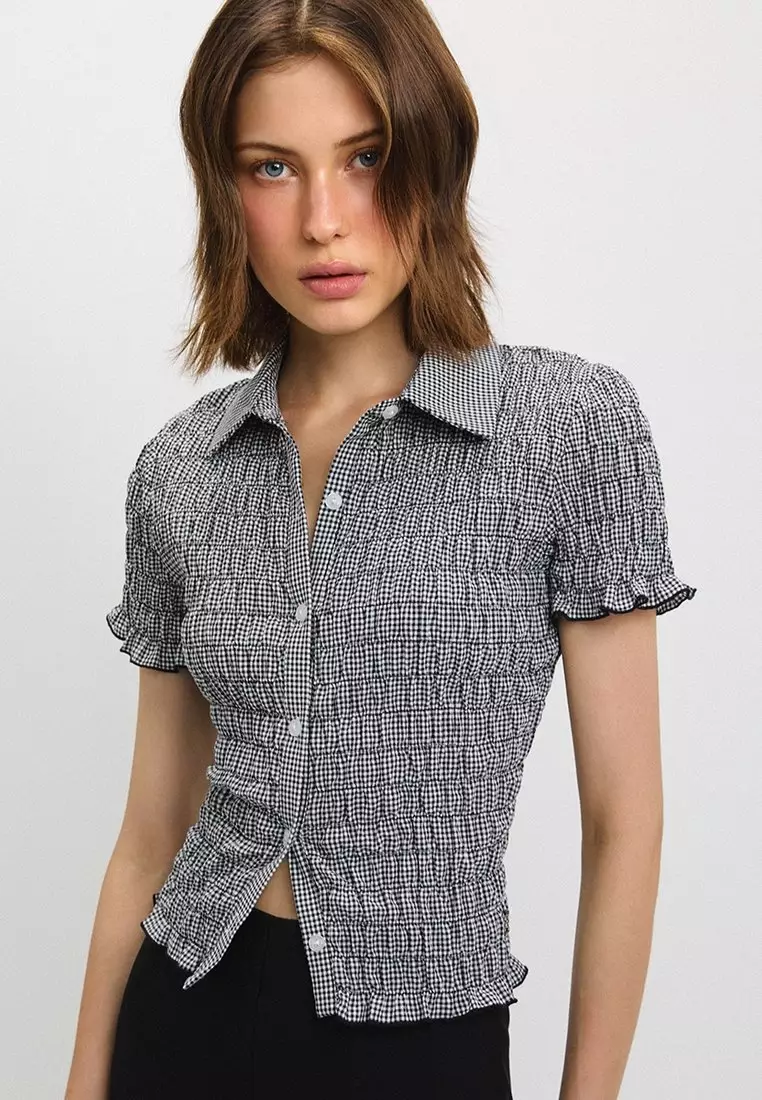 Gingham Shirred Blouse - Black