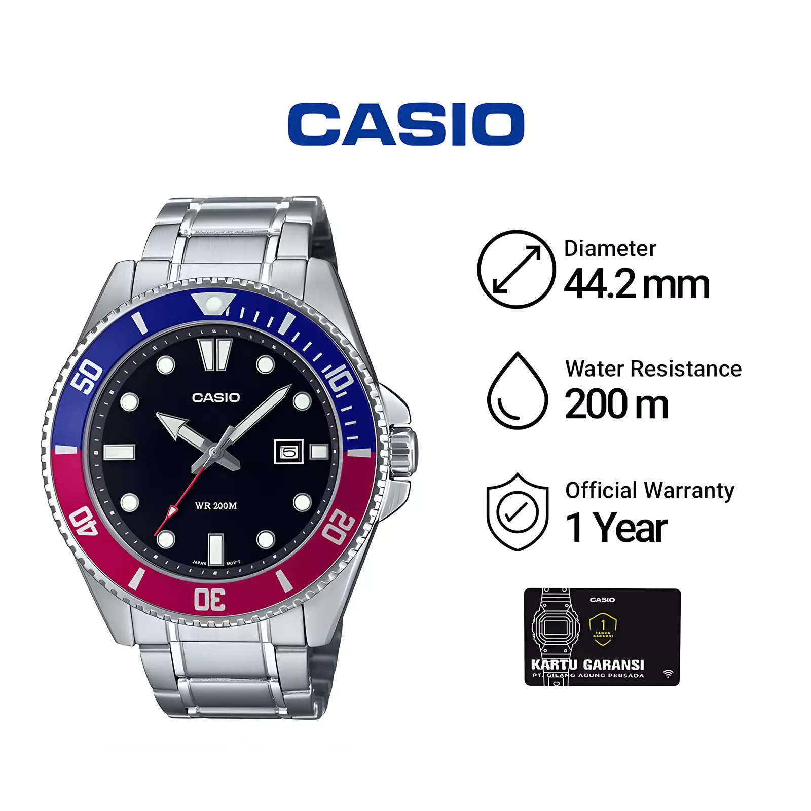 Casio - Diver Marlin Duro Pepsi - Jam Tangan Analog Pria - Black Dial - All Stainless Steel - MDV-107D-1A3VDF