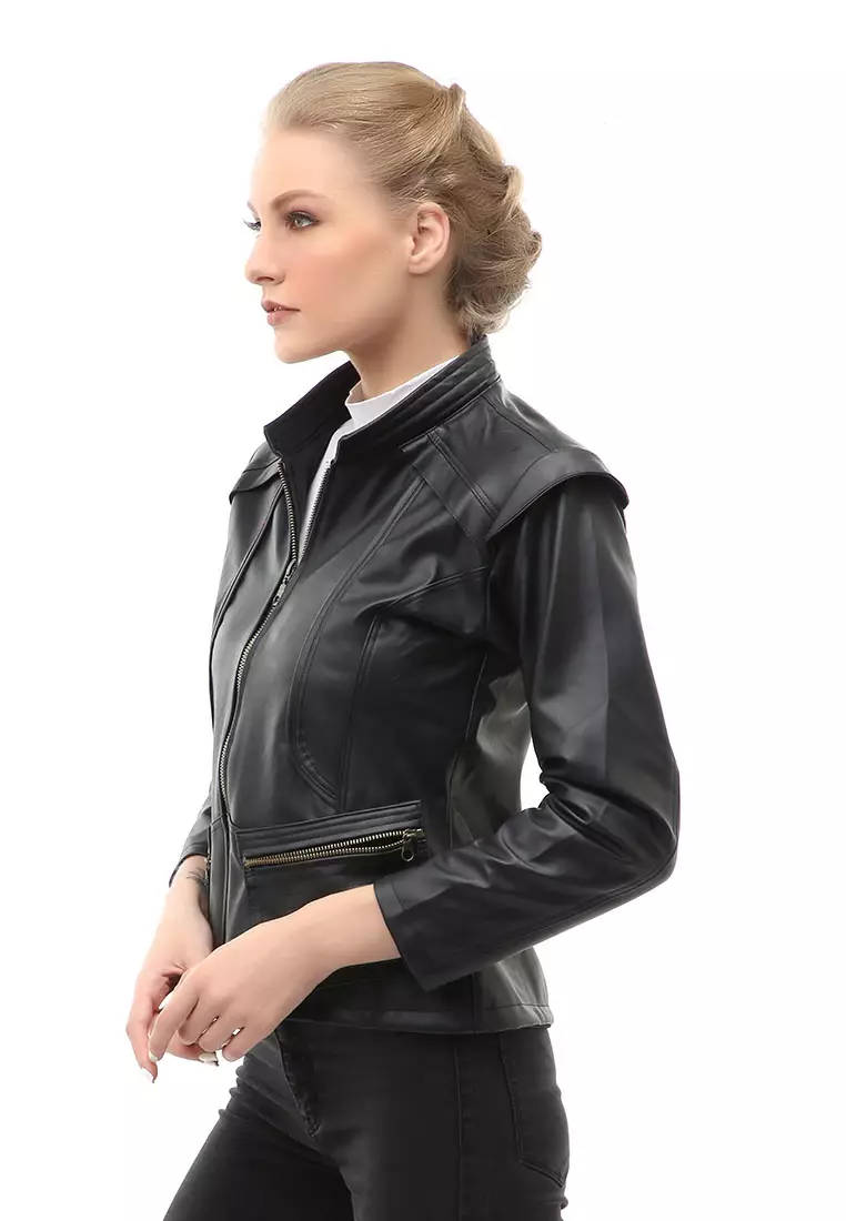 Glenice Jacket Kulit Casual Wanita Zipper Pocket Material Leather ORIGINAL - Black