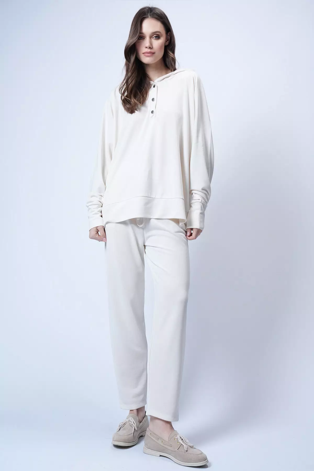 Women'S Ecru Hooded Snap Fasteners Oversized Sweatshirt And Pants Set Alc-X12476