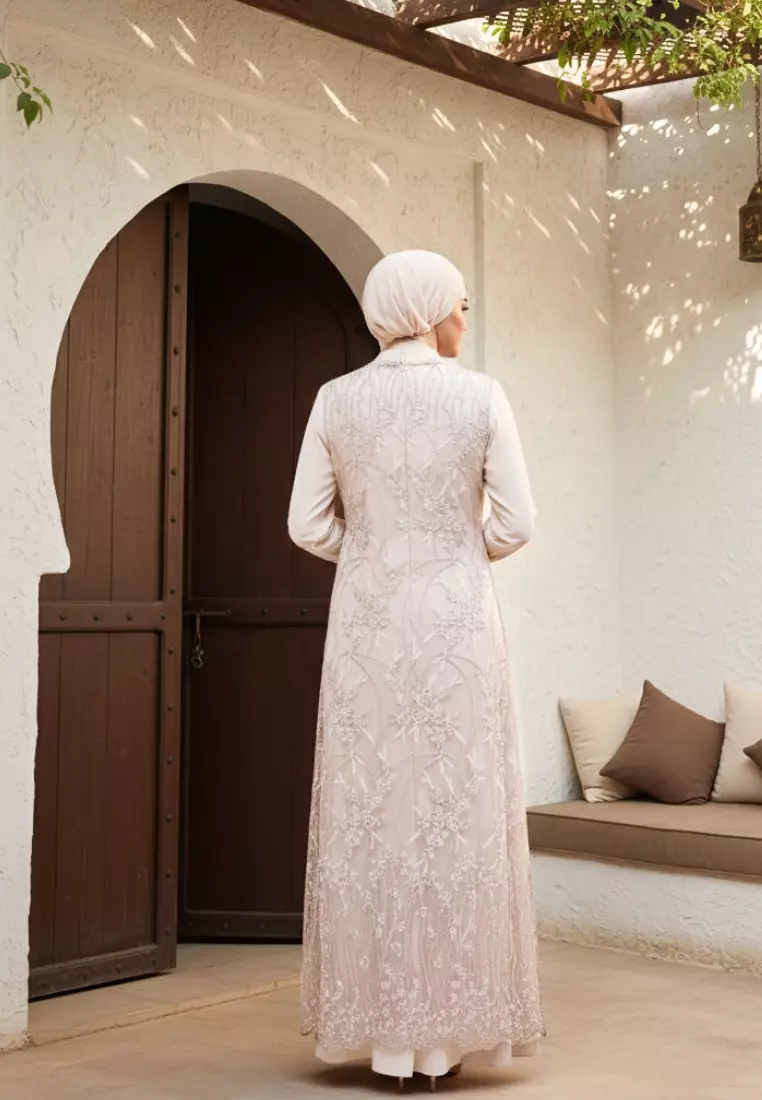 Dress Muslimah Lace Bordir Floral Premium Warna Cream – Tampil Anggun & Exclusive By Brilliant Girl Warna CREAM