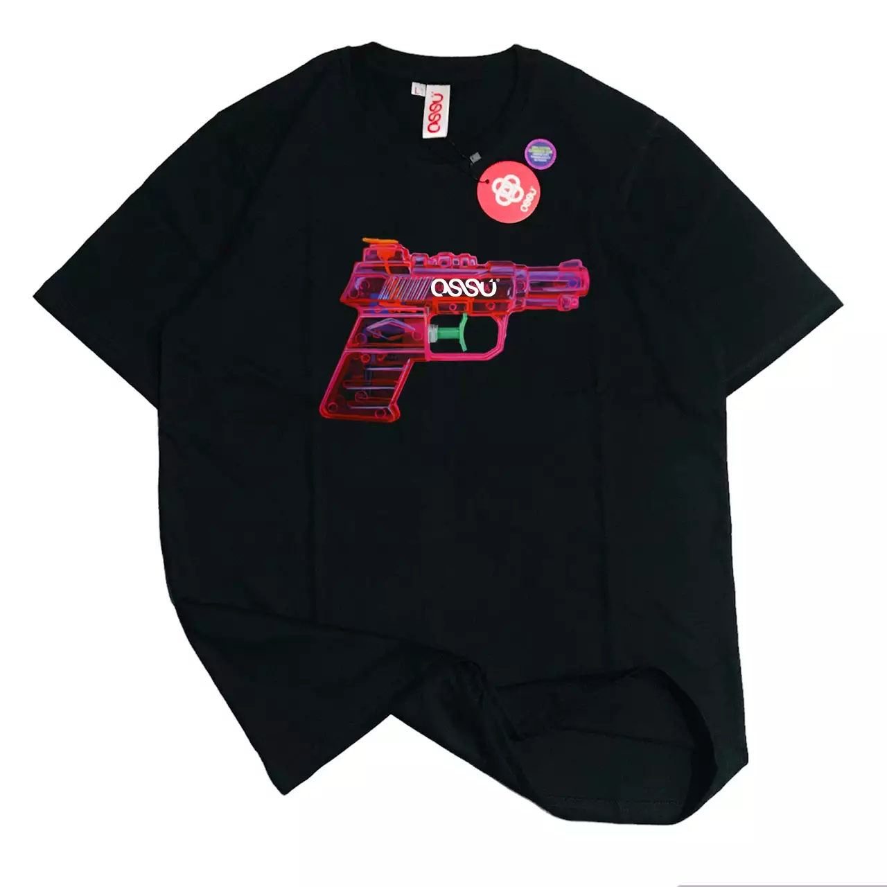 Ossu Pink Gun Printed Black Tshirt