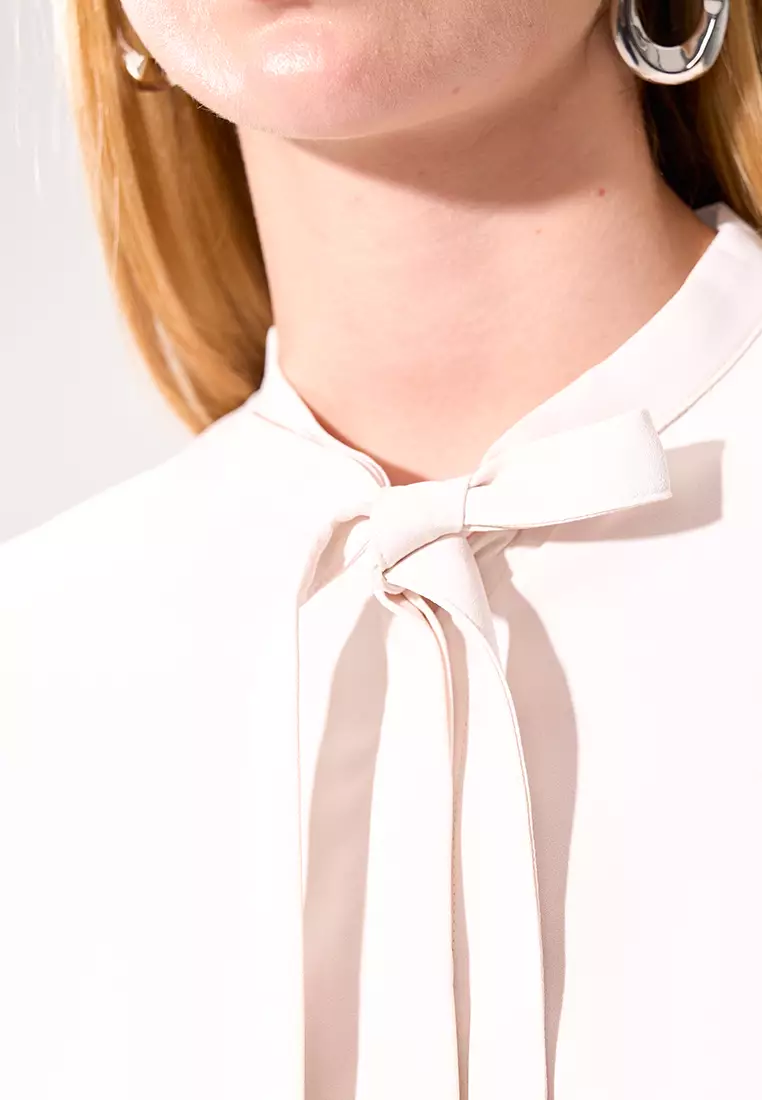 Cream Stand Collar Tie Long Sleeve Top