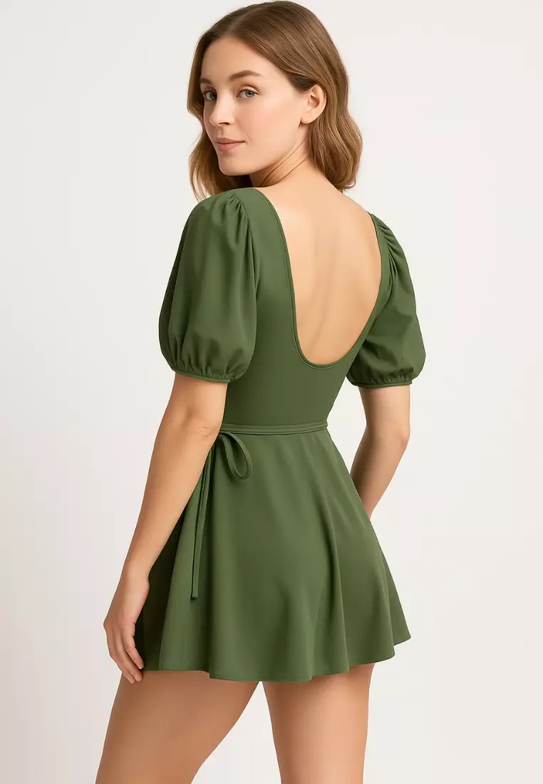 Aurelia Flattering Swimdress – Plus Size Tummy Control One Piece with Skirt Puff Sleeves V-Neck – Elegant Green