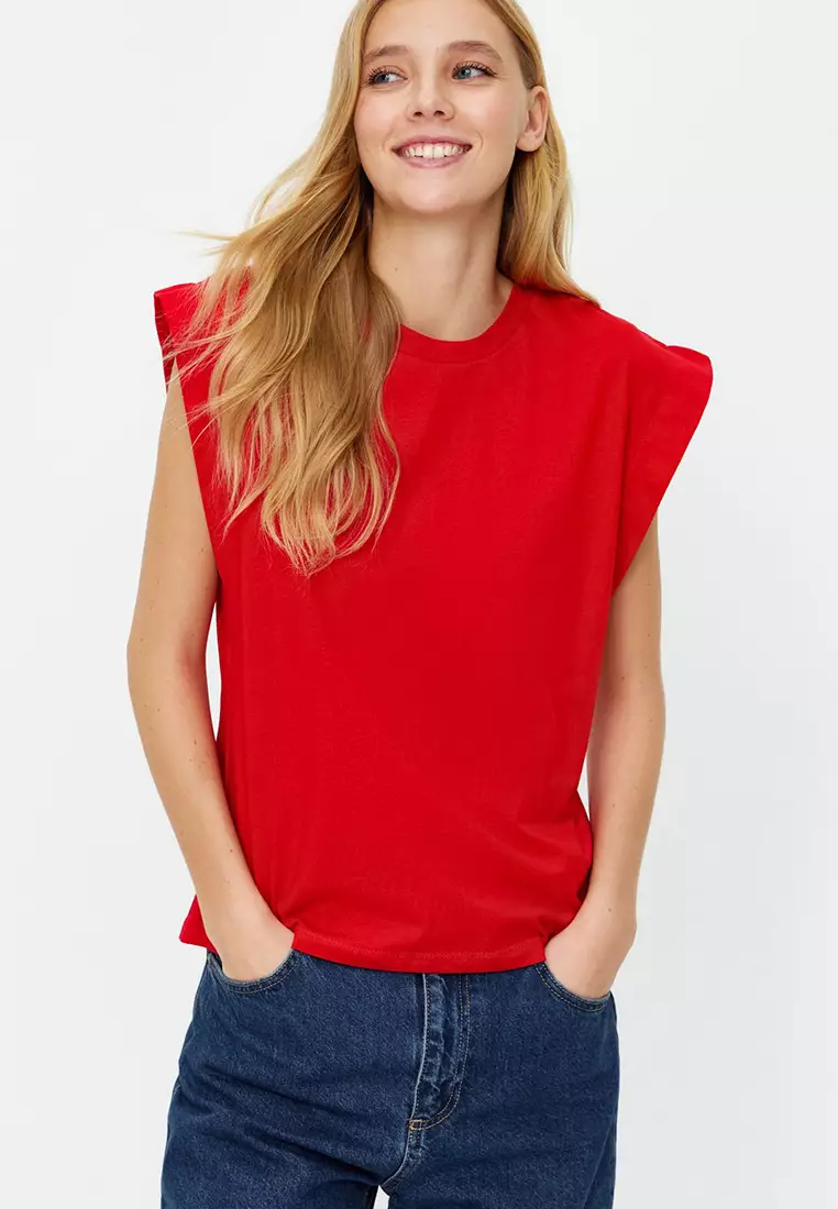 Red Striped Striped Padded Look Basic Crew Neck Knitted T-Shirt
