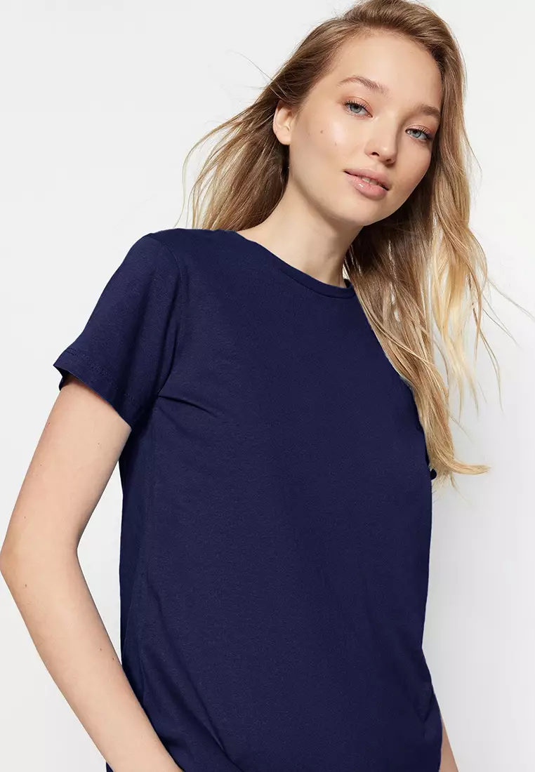 Claret Red-Navy Blue Basic Crew Neck 2-Pack Knitted T-Shirt