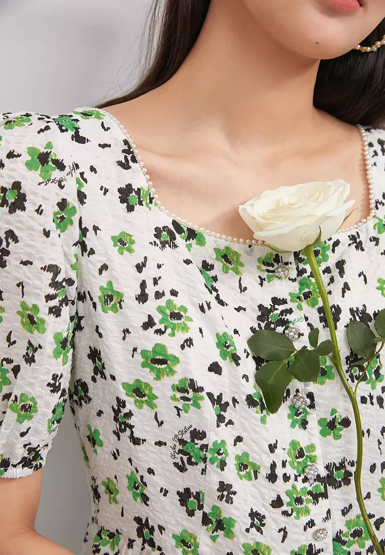 Square Neck Textured Floral Mini Dress