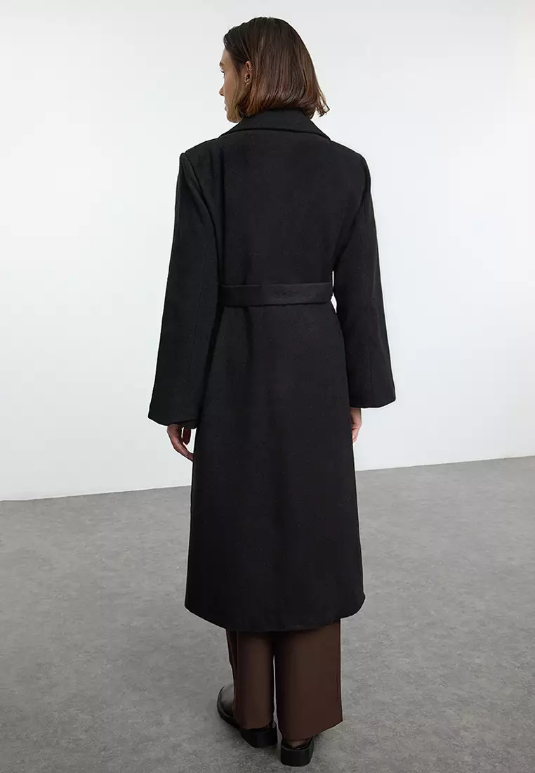 Black Belted Regular Wool Long Coat Formal Lined Coat TWOAW25KB00100