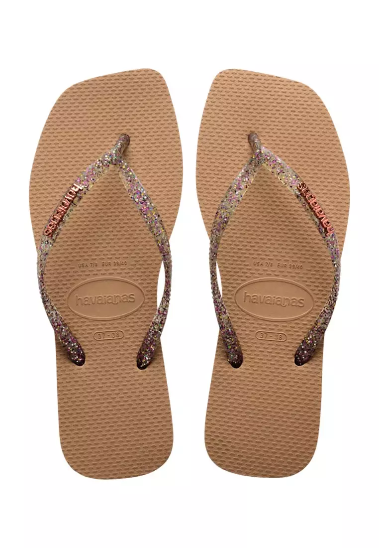 Women Slim Square Logo Metallic - Rose Gold Flip Flops