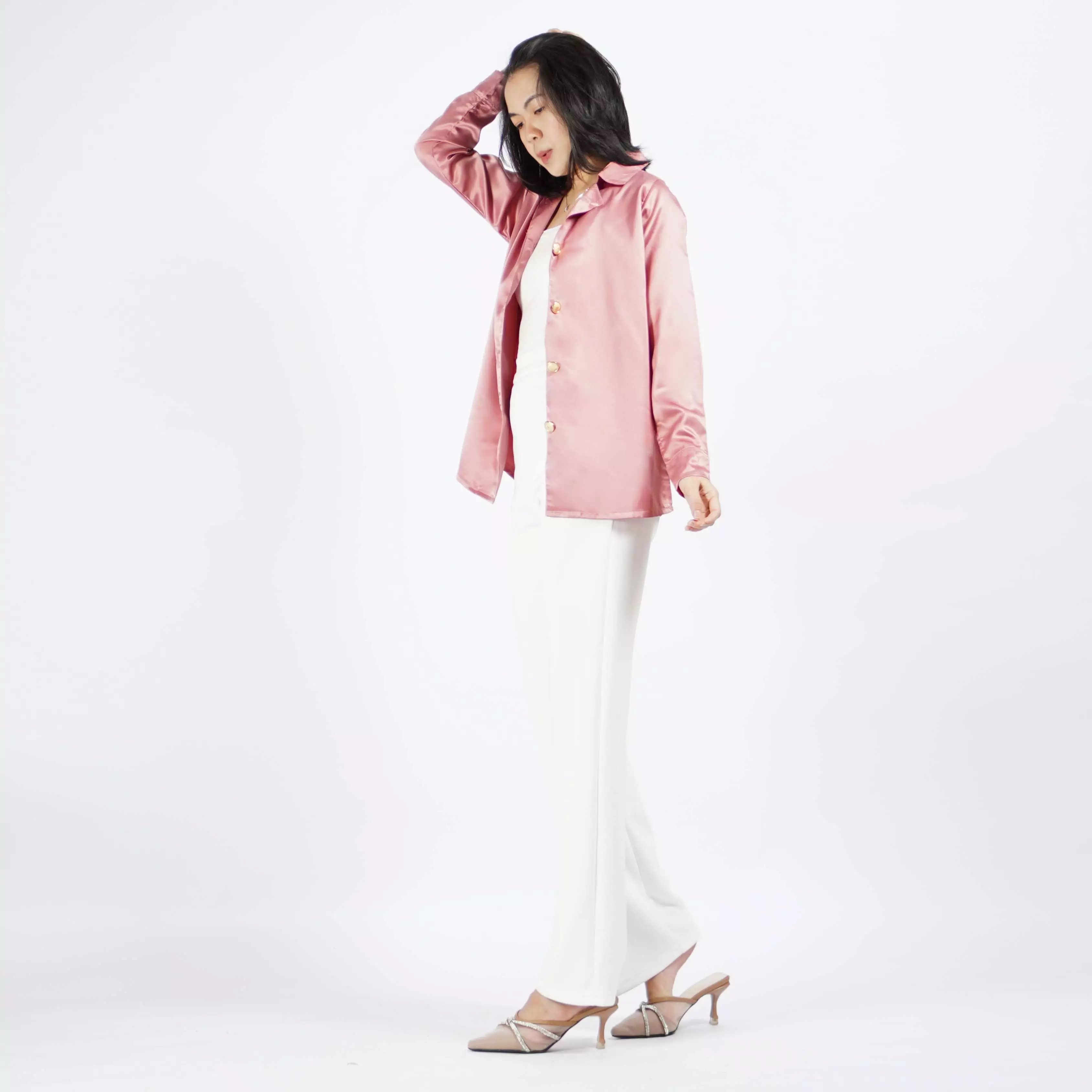 Kemeja Satin VICTORIA Kemeja Wanita Gaya Korea - Pink