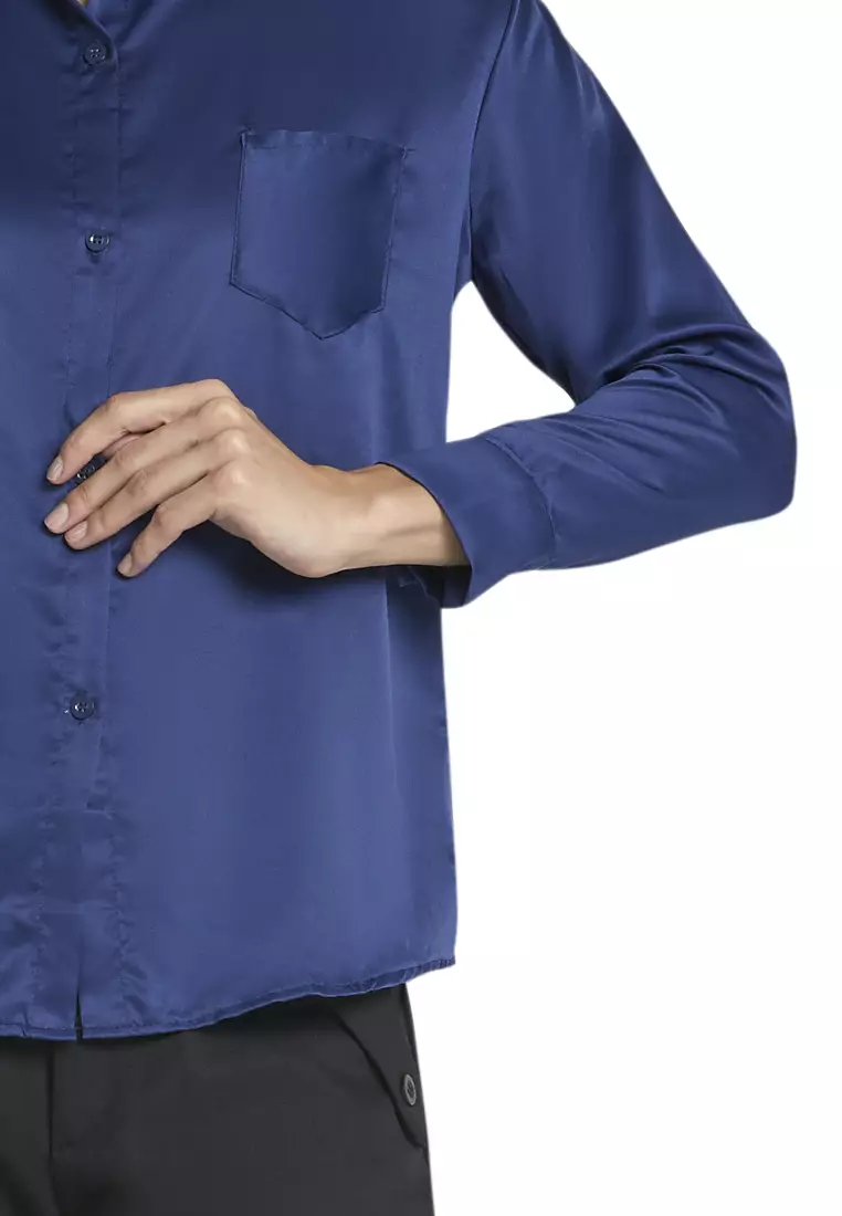 Uchenna Kemeja Lengan Panjang Shirt Plain Atasan Wanita Baju Kerja Regular Fit - Navy