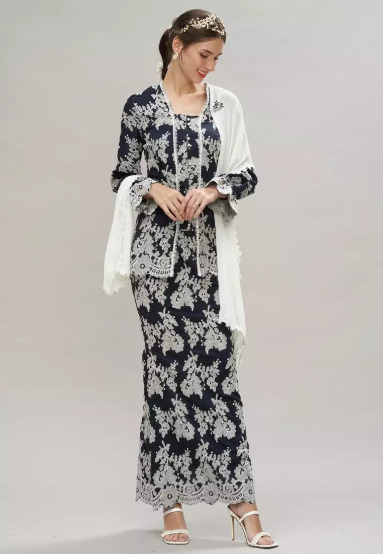 Navy Blue Silk Embroidery Puff Sleeve Kebaya Top & Maxi Skirt Hari Raya