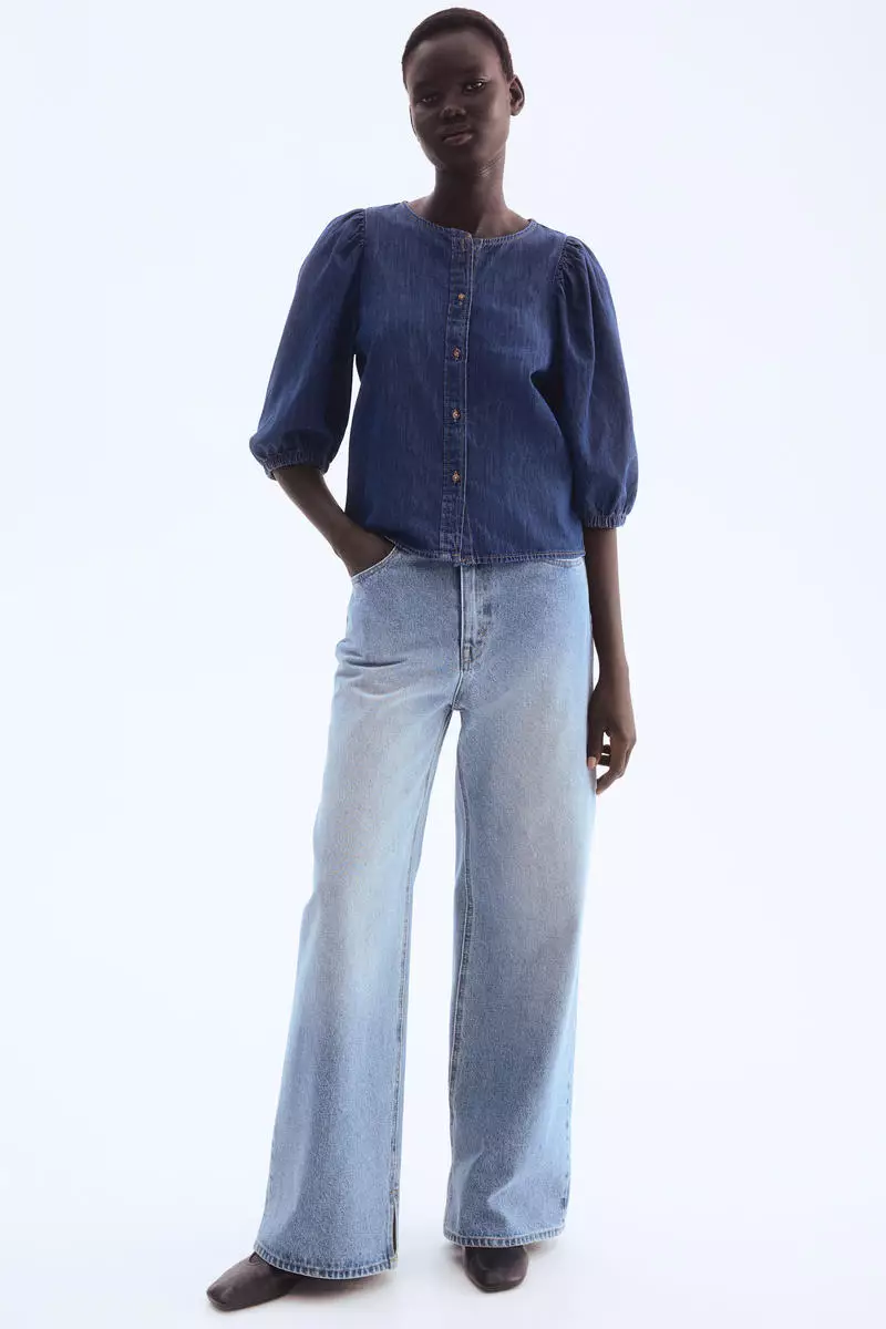 Balloon-sleeved denim blouse