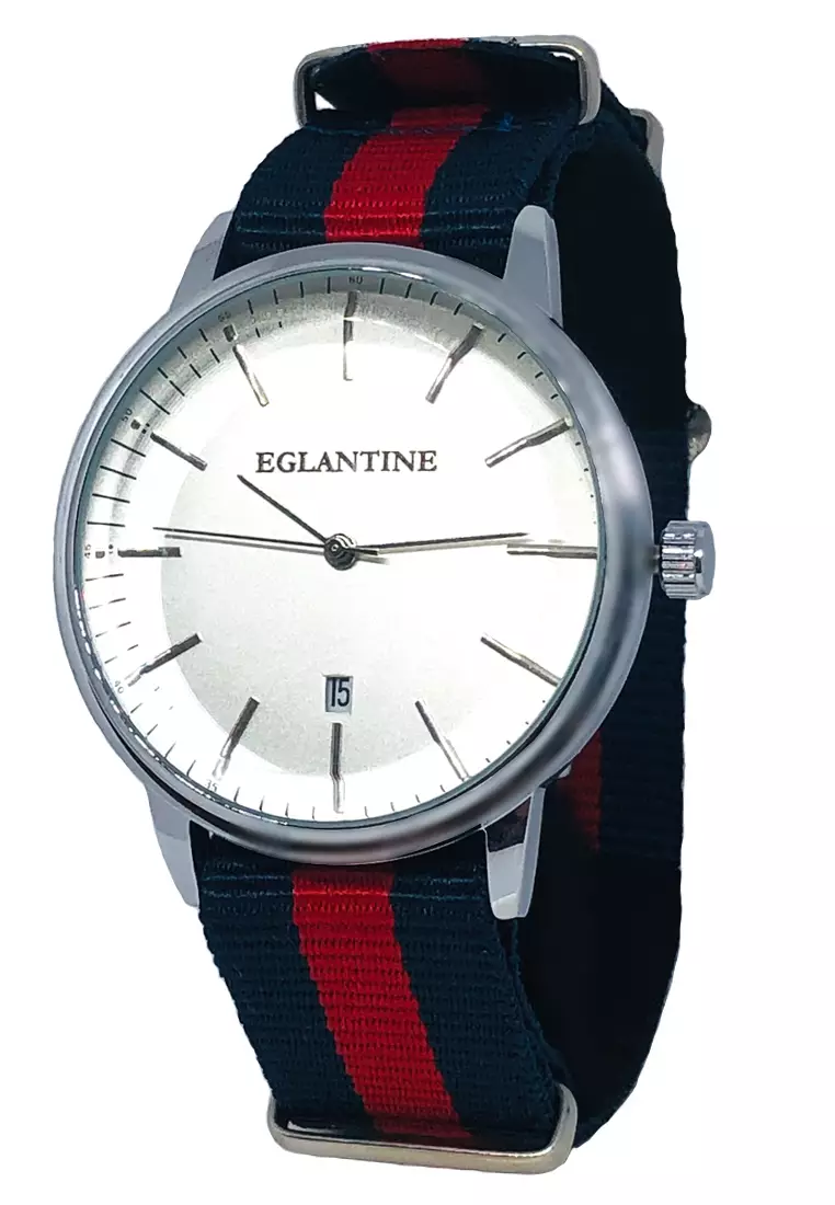 EGLANTINE Paname 40mm Unisex Silver Alloy case Quartz Watch White dial on Navy Blue and Red NATO Strap