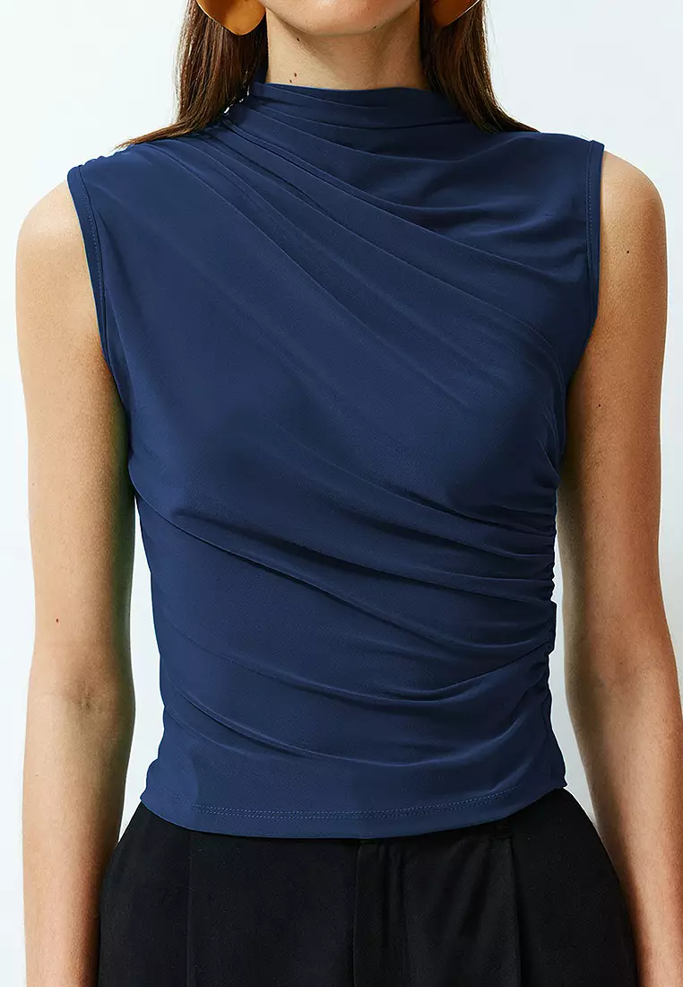 Indigo Sleveless Gathered Flexible Knitted Blouse