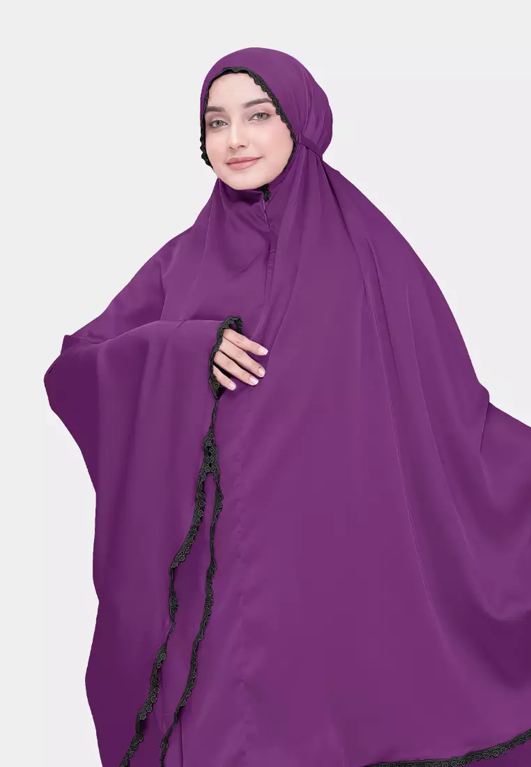 Zelena - Aury Prayer Set Renda | Mukena Jumbo Armany Silk 2in1 List Renda - Wine Purple