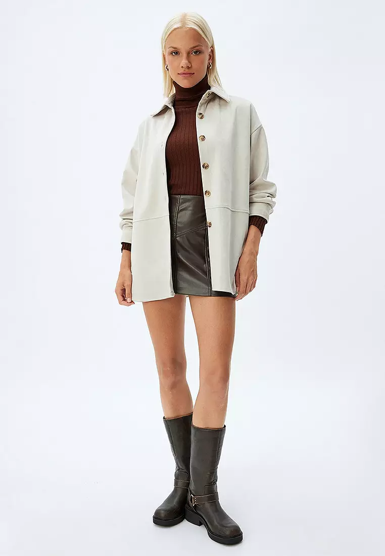 Long Sleeve Buttoned Faux Suede Shirt Jacket