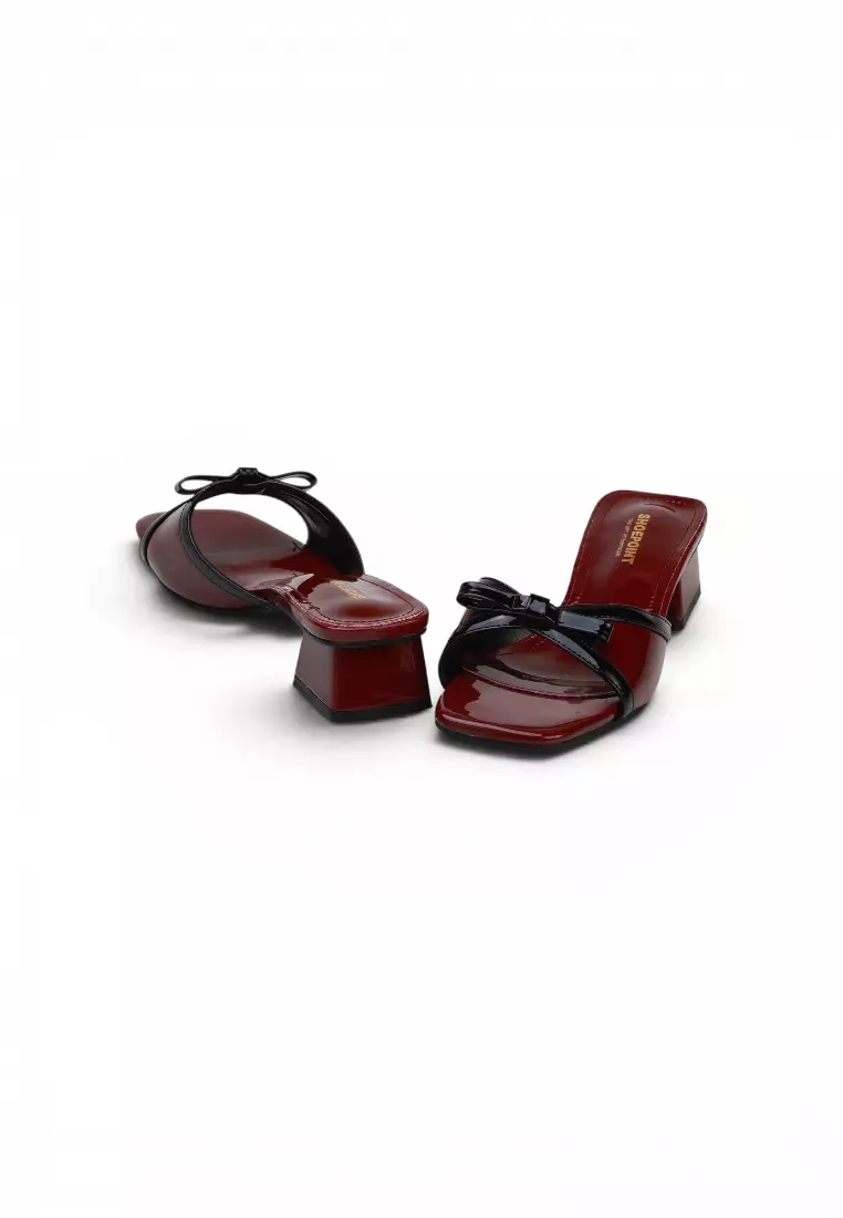 Serella Mina Bow Slide Comfy Slip on 4.5cm Low Block Heels 54139 in Maroon Black