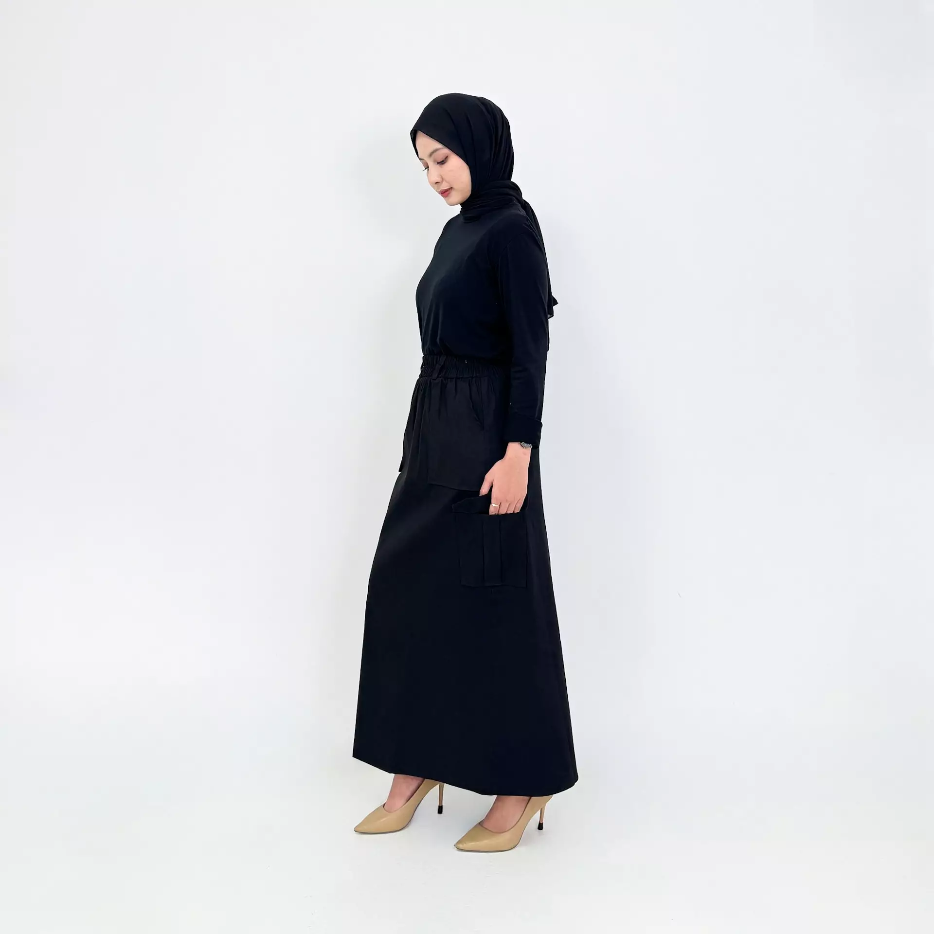 Rok Panjang Cargo Twill Keisha - HITAM